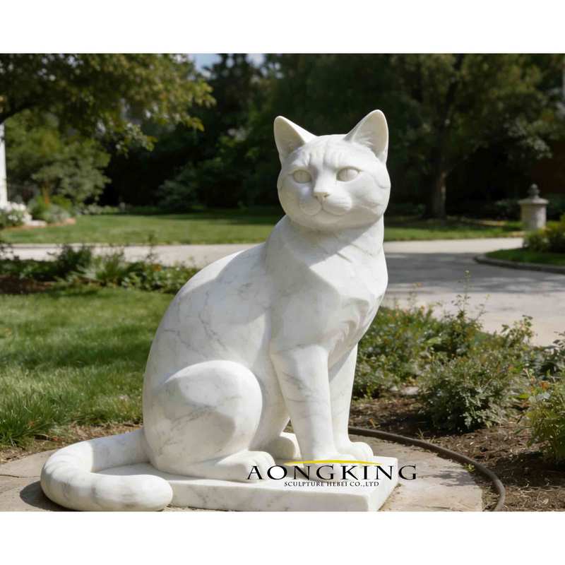 Life Size White Marble Cat Statue