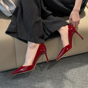 Zapatos de tacón de aguja con punta en pico de charol nude de 8.5 cm, sin cordones, para oficina, mujer, color sólido, para banquetes. - Product Image 3