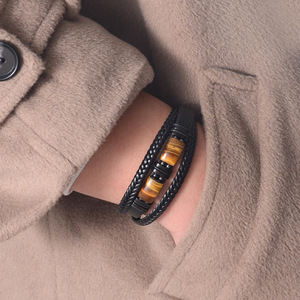 Tiger's Eye <b>Leather</b> <b>Bracelet</b> Multi Layer Cord Magnetic Clasp Men's Jewelry Gift Adjustable Fashion Accessory - Product Image 2