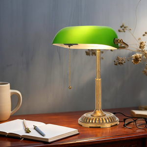 Green Glass Desk <b>Lamp</b> Brass Base Traditional Style Pull Chain Switch <b>Office</b> Library Decor Lighting - Product Image 3