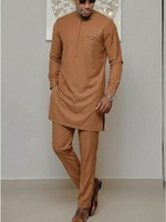 Setelan Pria Afrika Tradisional Klasik Dua Potong Bahan Poliester Lengan Panjang Kerah Bulat Model Fashion Solid Splicing Kemeja Celana Pakaian Kasual