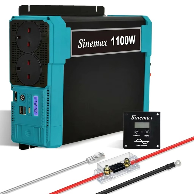 1100W off Grid Single Phase Power Inverter 12V 230V Pure Sine Wave LCD Display 18W USB QC3.0 Wired Remote Switch Caravan Camping
