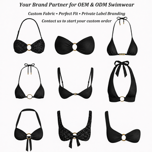 Fabricación OEM, Diseño Personalizado, Top de Bikini Texturizado con Estampado de Cuadros, Banda en Contraste, Parte Inferior con Volantes, Secado Rápido, Spandex/Nylon - Product Image 5