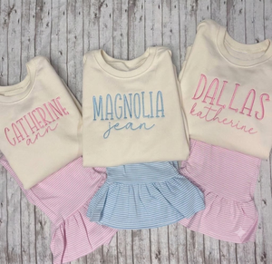 Ensemble de vêtements pour filles personnalisé, sweat-shirt à col rond à manches longues pour bébé <span class=keywords><strong>fille</strong></span> et leggings rayés à volants, 2 pièces, tenue pour enfants - Product Image 1