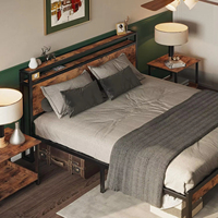 Cadre de lit japonais réglable en fer, taille double, avec tête de lit de rangement (fini grain de bois) pour chambre à coucher et appartement