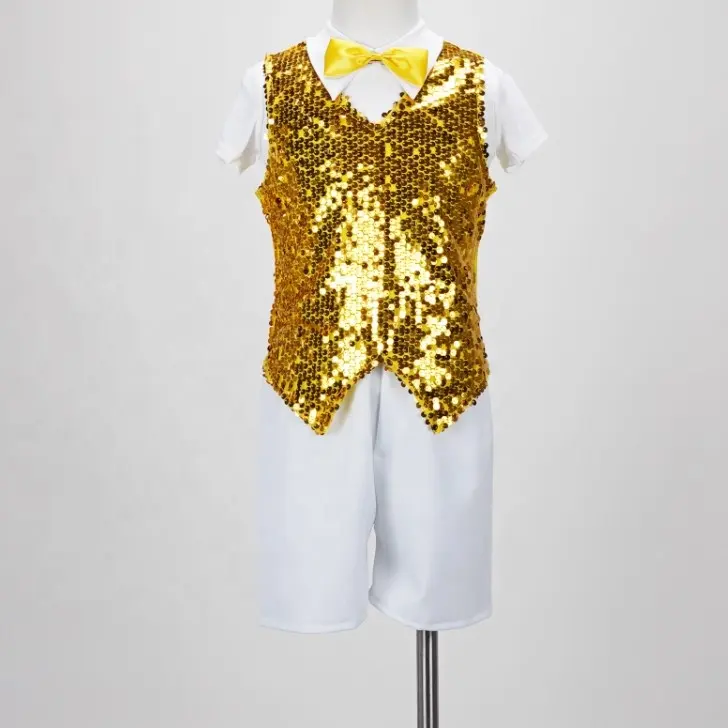 Toptan çocuk günü performans takım elbise moda altın caz erkek Sequins dans kostümleri çocuk kısa tasarım caz ve dokunun dans
