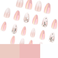 Faux ongles en gel solide, style classique Old Money, finition chrome pailleté, forme amande carrée, French, brillants, avec colle, nouvelle arrivée