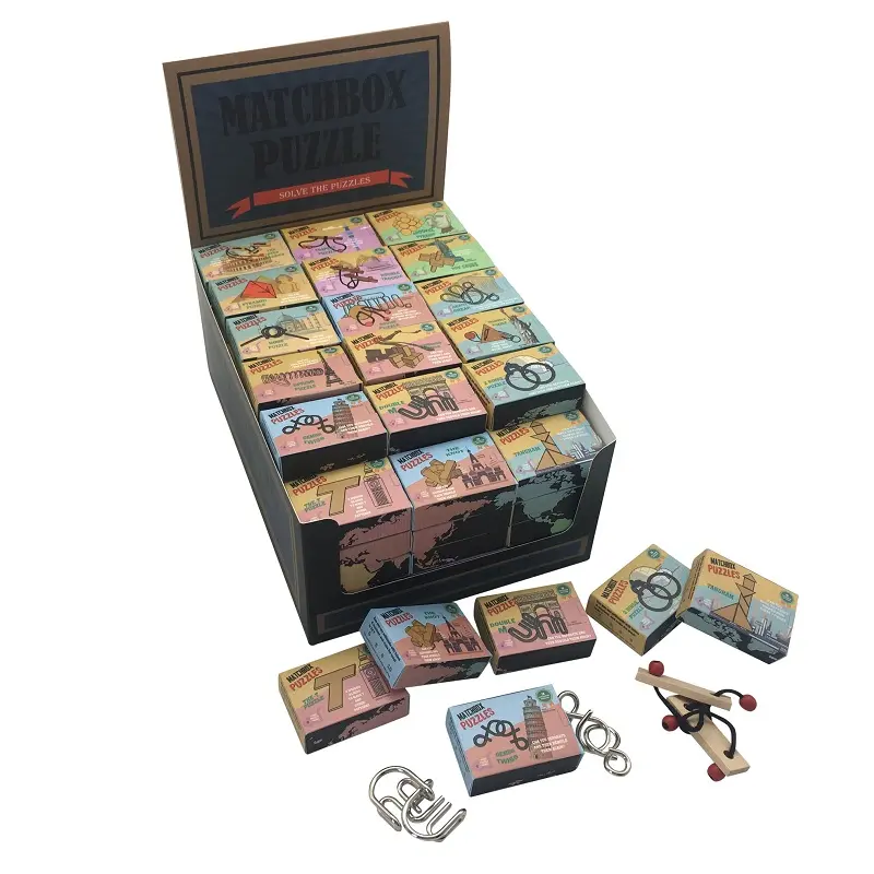 2019 new promotion mini wooden and metal brain teaser game 3d wooden puzzle and toys traditional matchbox puzzle