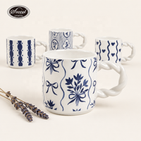 Tasse à café rustique bleue à fleurs SWT Farmhouse avec poignée ronde, mug en céramique pour la maison, la cuisine, le petit-déjeuner, la décoration