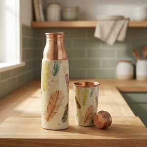 Thermos en cuivre avec motif floral, bouteille de voyage portable avec couvercle - Product Image 1