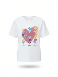 T-Shirt Hpsam in Puro Cotone, Manica Corta con Stampa Cuore e Fiori, Casual Unisex, Vestibilità Regolare, Per Tutte le Stagioni, Girocollo, in Maglia Jersey - Product Image 1