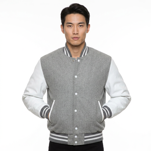 Chaqueta Varsity Gris para Hombre con Mangas de Cuero Blanco, Color Sólido, Estilo Universitario Informal, Cuello Camisero, Corte Regular, para Otoño - Product Image 1