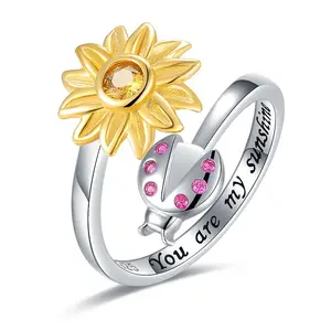 U Bent Mijn Zonneschijn 925 Sterling Zilveren Lieveheersbeestje Met Zonnebloem Verstelbare Ring