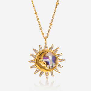 Sun Moon <b>Abalone</b> <b>Shell</b> Pendant Necklace Stainless Steel Rhinestone Star Shape Clavicle Chain Jewelry For Leisure - Product Image 1
