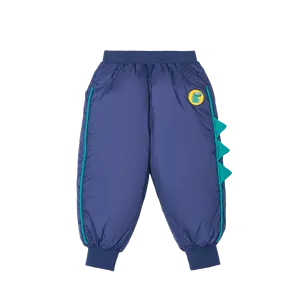 Зимние брюки для мальчиков, брюки-пуховики, теплые ветрозащитные 600 с динозаврами