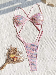 Costume da Bagno Intero con Paillettes e Spalline Incrociate sul Retro, Modello Bandeau, Disponibile in Due Colori, Taglie S-L - Product Image 3