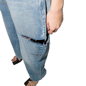 Jean en denim bleu personnalisé pour femme, taille haute, coupe droite, déchiré - Product Image 5