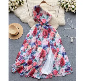Sleeveless V-neck Print A-line Dress Summer Asymmetric Chiffon Maxi Dress Ladies Casual Dress Clothes Women Wholesale