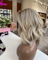Perruque Bob Blond Platine Cheveux Humains, Perruque Courte Ondulée Sans Colle avec Dentelle HD pour Femmes