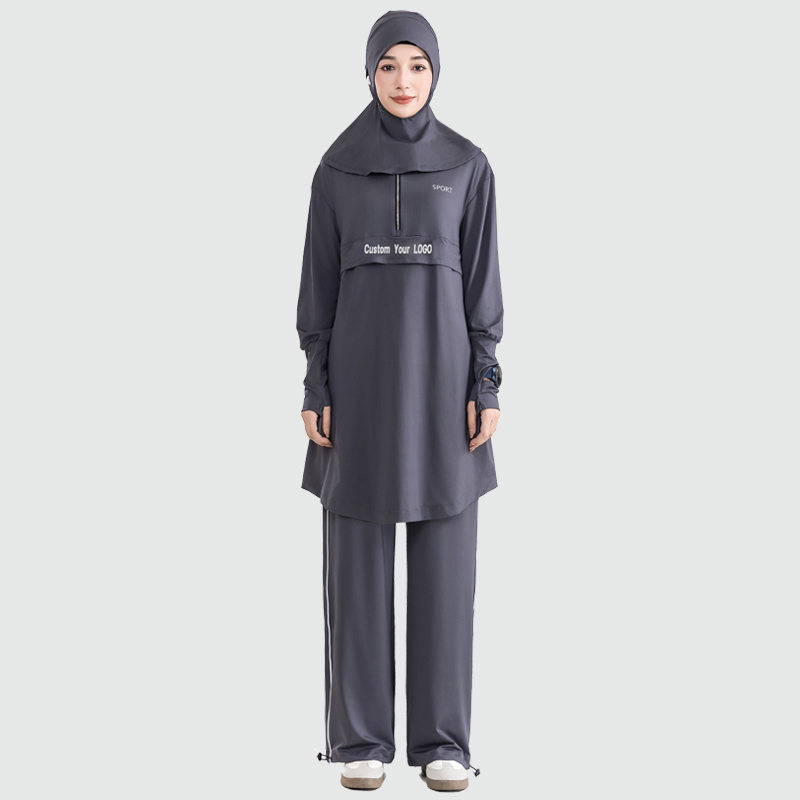 OEM Custom Logo Modest Activewear Muslim Women Sportswear 2 Piece Set Long Top And Wide Leg Pants