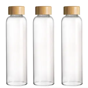 Royaltop Wholesale Custom Logo Unbreakable Borosilicate Glass Clear Water Bottle with Top Bamboo Lid for Sports GYM