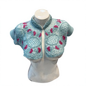 Venta al por mayor de ropa festiva de moda: Top de baile escénico para mujer, azul claro, con cuentas y bordados, estilo tribal para adultos. - Product Image 1