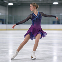 Robe de patinage et de danse pour enfants et adultes, dégradé bleu marine et violet, manches longues en maille, dos découpé avec strass, pour compétition et spectacle de patinage sur glace