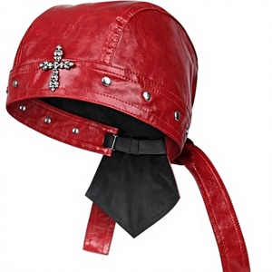 <b>Red</b> Leather Baseball Cap Rhinestone <b>Cross</b> Punk Style Fitted Unisex Casual Breathable Waterproof Metal Buckle Four Seasons Wear - Product Image 2