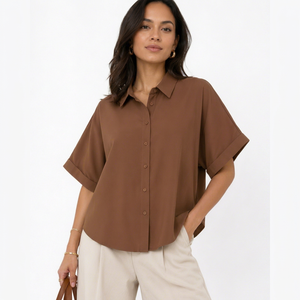 Wholesale <b>Women</b> Vintage <b>Brown</b> Casual Shirt Turn Collar Cuffed Short Sleeve Loose Blouse Office Work <b>Tops</b> Chiffon - Product Image 1