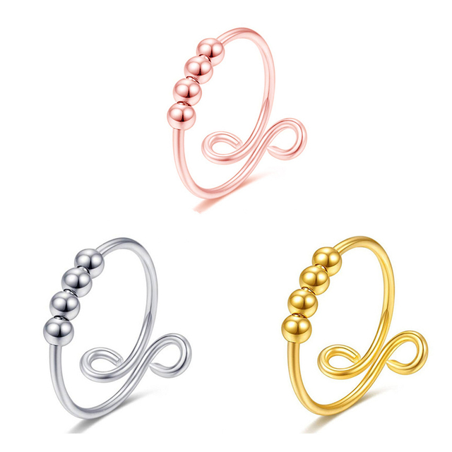 Trendy Stainless Steel Geometry Wind Reduce Anxiety Stress Spinner Rotating 4 Piece Bead Fidget Adjustable Ring Jewelry
