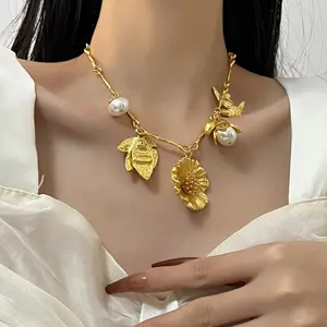 Vòng Cổ Mặt Dây Chuyền Hình Chim Cánh Hoa Vàng Cổ Điển Mạ Vàng 18K Mới Trang Sức Cho Nữ