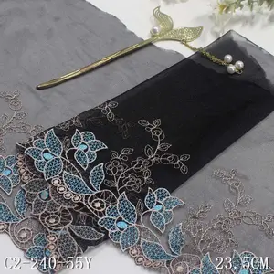 Wholesale Cheap 24cm Flowers Tulle Floral Embroidered Lace Trim Black Voile Embroidery Lace Fabric For Women Lingerie