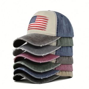 En stock – Casquettes de baseball en coton délavé style « Dad Hat » avec logo imprimé drapeau américain, en promotion - Product Image 2