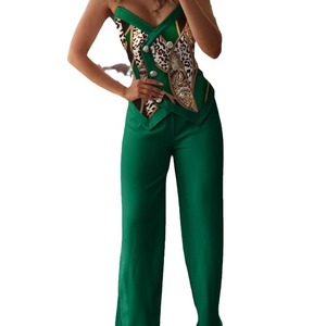 Haut à double boutonnage imprimé allover et pantalon à jambe droite Deux pièces Ensemble de pantalons sexy de travail pour <span class=keywords><strong>femmes</strong></span> - Product Image 5