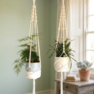 Macrame Hanging Planter <b>Basket</b> With White Rope Bohemian Style <b>For</b> Indoor Outdoor <b>Plant</b> Display - Product Image 3