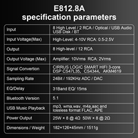 Audiowinner E812.8A Amplificateur DSP audio de voiture professionnel 8 entrées 12 sorties Classe AB 2 canaux 25W/50W de puissance Égaliseur 31 bandes Bluetooth 5.1