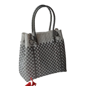 Bolso de compras de hombro de plástico reciclado respetuoso con el medio ambiente hecho a mano para mujer, diseño personalizado, Sembagi, XL, gris - Product Image 1