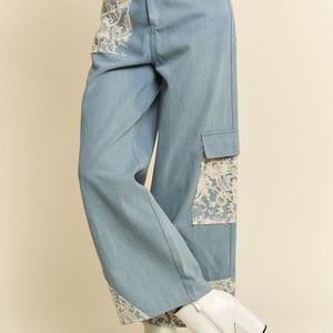 Jean baggy femme personnalisé, couleur lavée, bleu clair, coupe droite, jambe large, avec dentelle, élégant, en denim, pour l'été - Product Image 5