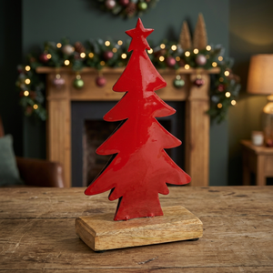 Red Metal Wood Christmas <b>Tree</b> <b>Ornament</b> Tabletop Holiday Decoration with Wooden Base - Product Image 4
