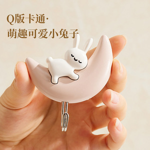 Cute Rabbit <b>Wall</b> <b>Hooks</b> Moon Shape Adhesive No Drill Key Holder Bathroom Storage <b>Hook</b> - Product Image 3