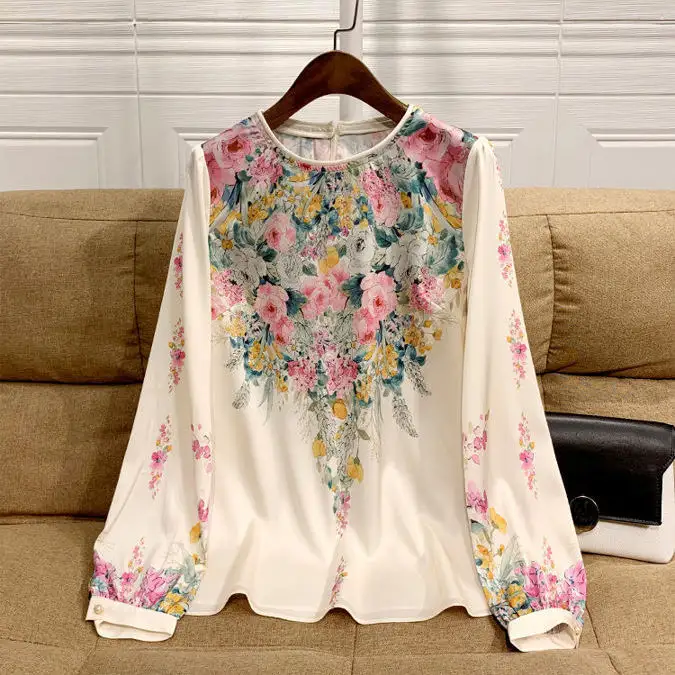 Blusa feminina chiffon estampa floral, camisa feminina manga comprida social casual gola redonda manga lanterna camisa solta plus size M-3XL