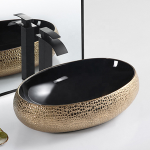 Forma ovale controsoffitto di lusso di colore dorato in porcellana a mano <span class=keywords><strong>lavabo</strong></span> da <span class=keywords><strong>bagno</strong></span> in ceramica WC Art lavello <span class=keywords><strong>ciotola</strong></span> - Product Image 2