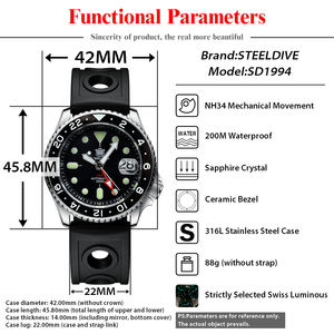 STEELDIVE SD1994 Nuevo Reloj de Buceo para Hombre con Movimiento Automático de 42 mm, Resistente al Agua hasta 200 m, Bisel de Cerámica NH34 GMT - Product Image 2