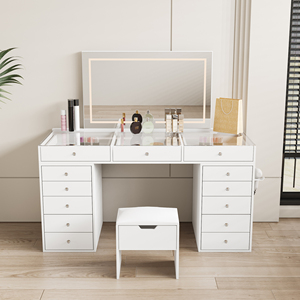 <span class=keywords><strong>Coiffeuse</strong></span> Moderne en Bois avec Éclairage LED et Miroir Coulissant, Tiroirs <span class=keywords><strong>de</strong></span> Rangement, Étagères et Écran Tactile pour Chambre à Coucher - Product Image 2
