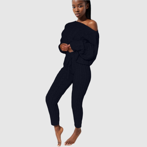 เสื้อสเวตเตอร์สีพื้นเรียบแบบไหล่เดียว ชุดเซ็ตสองชิ้นสำหรับฤดูหนาว เสื้อผ้าผู้หญิง - Product Image 2