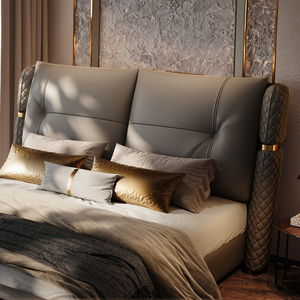 <span class=keywords><strong>Lit</strong></span> double King Size en cuir véritable <span class=keywords><strong>gris</strong></span> personnalisé avec dossier souple rembourré à la main avec cadre en bois design moderne - Product Image 5