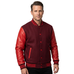 Veste universitaire pour homme, couleur bordeaux, manches en cuir PU rouge, col montant, fermeture à boutons, coupe-vent décontracté, séchage rapide, écologique, hiver - Product Image 1