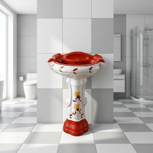 Customized Modern Round Gray Ceramic Wash Basin Pedestal Set Wall Mounted Bathroom Sink with Full Pedestal - Product Image 1