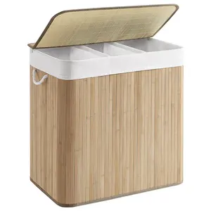 150 L 3 compartiments couvercle à clipser panier à linge en bambou pliable avec poignées pour buanderie, chambre et salle de bain - Product Image 1