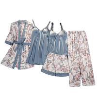 Pyjama en soie glacée pour femmes Robe à manches longues avec coussin de poitrine Sexy pour robe slip 5 ensembles pour printemps été rayonne dentelle vêtements de maison